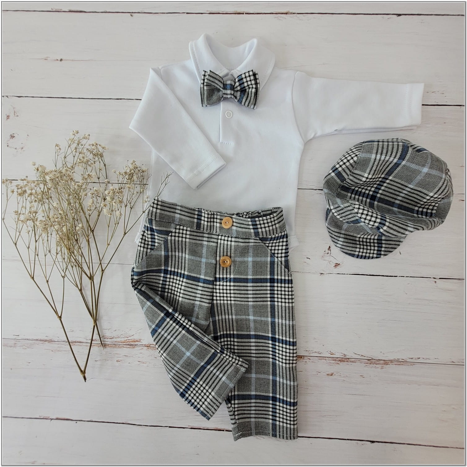 Kojenecká elegantná 4 dielna súprava na krst pre chlapca  káro